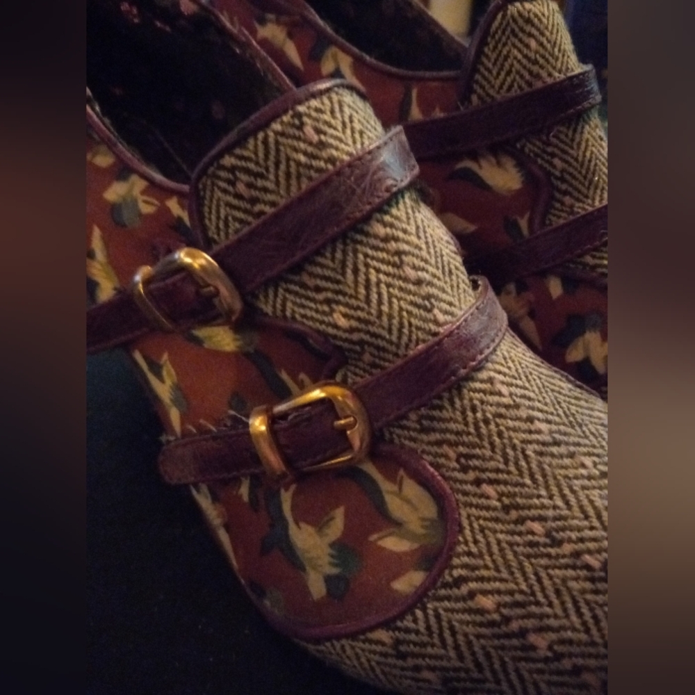 Irregular Choice Red Floral & Tan Herringbone Buckle Heels - Picture 3 of 8